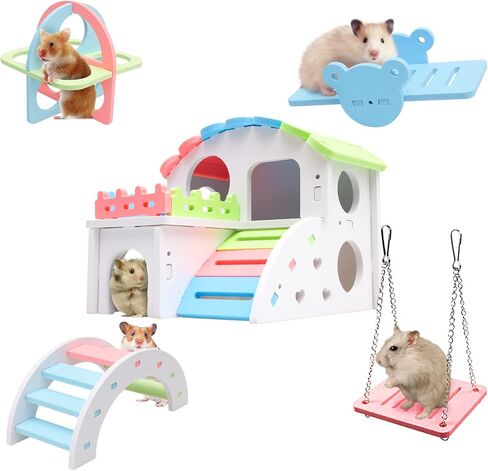 Syrian Hamster Toys Set, Improved Version 8.7 IN Large Hamster House, Wooden Gerbil Hideout, Small Animals Seesaw, Guinea Pig Sport Exercise Toys, Rainbow Bridge, Swing, Dwarf Hamster Cage Accessories in Saudi Arabia