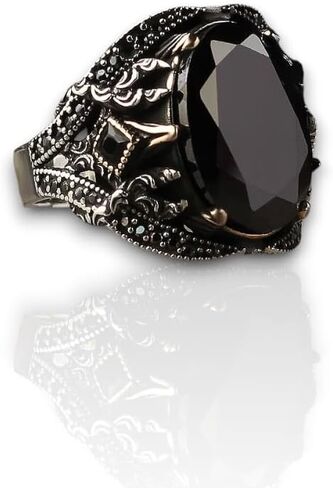BayVog Black Zircon Stone Men's Ring, 925 Sterling Silver Ring, Handmade Silver Ring for Men, Men's Ring with Stone, Vintage Silver Ring with Black Stone, Black Stone Ring, Gemstone Ring (11) in Saudi Arabia