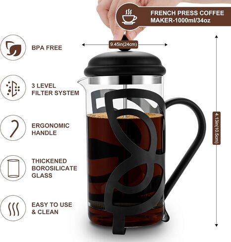 French Press Coffee Maker,304 Grade Stainless Steel & Heat Resistant Borosilicate Glass, (1 Liter,34OZ), Gift Set with Coffee Measuring Spoon & Two Filter Screens, Gold in Saudi Arabia
