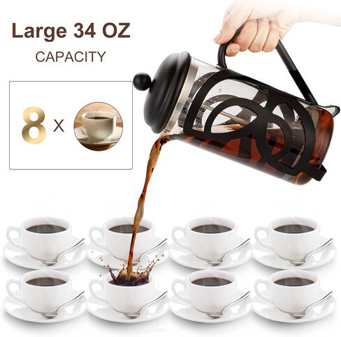 French Press Coffee Maker,304 Grade Stainless Steel & Heat Resistant Borosilicate Glass, (1 Liter,34OZ), Gift Set with Coffee Measuring Spoon & Two Filter Screens, Gold in Saudi Arabia
