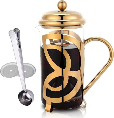 French Press Coffee Maker,304 Grade Stainless Steel & Heat Resistant Borosilicate Glass, (1 Liter,34OZ), Gift Set with Coffee Measuring Spoon & Two Filter Screens, Gold in Saudi Arabia