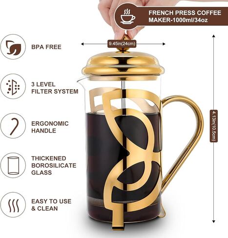 French Press Coffee Maker,304 Grade Stainless Steel & Heat Resistant Borosilicate Glass, (1 Liter,34OZ), Gift Set with Coffee Measuring Spoon & Two Filter Screens, Gold in Saudi Arabia