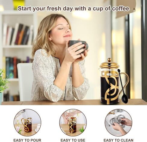 French Press Coffee Maker,304 Grade Stainless Steel & Heat Resistant Borosilicate Glass, (1 Liter,34OZ), Gift Set with Coffee Measuring Spoon & Two Filter Screens, Gold in Saudi Arabia