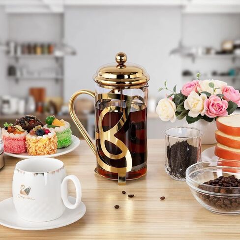 French Press Coffee Maker,304 Grade Stainless Steel & Heat Resistant Borosilicate Glass, (1 Liter,34OZ), Gift Set with Coffee Measuring Spoon & Two Filter Screens, Gold in Saudi Arabia