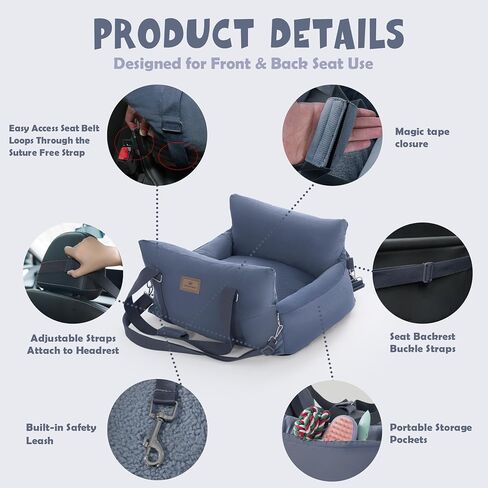 Small Dog Car Seat Puppy Car Seat with Storage Pockets Dog Booster Car Seat with Thick Cushion Pet Car Seat Dog Bed Car seat with Leash (Grey) in Saudi Arabia