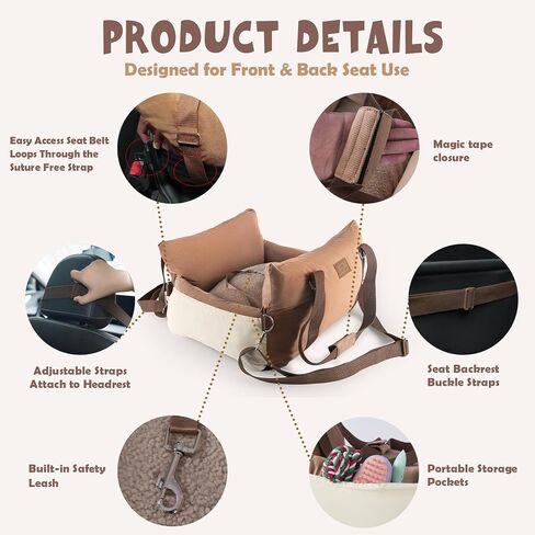 Small Dog Car Seat Puppy Car Seat with Storage Pockets Dog Booster Car Seat with Thick Cushion Pet Car Seat Dog Bed Car seat with Leash (Grey) in Saudi Arabia