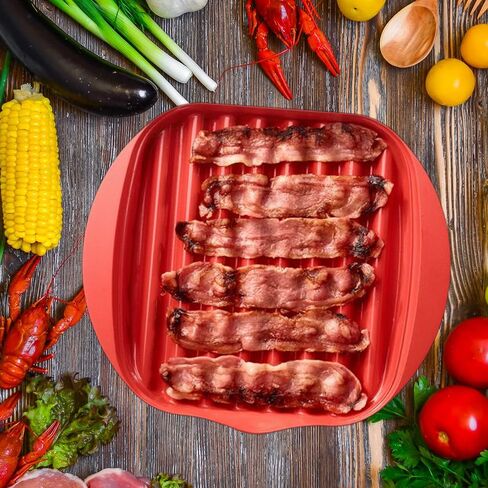 Microwave Bacon Tray with Splatter Lid, Safety, Quick and with No Mess, Microwave Bacon Cooker Make Crispy Bacon in few Minutes（red） in Saudi Arabia
