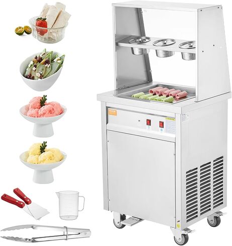 VEVOR Fried Ice Cream Roll Machine, 13.8" x 13.8" Square Stir-Fried Ice Cream Pan, Stainless Steel Commercial Rolled Ice Cream Maker with Compressor and 2 Scrapers, for Making Ice Cream, Frozen Yogurt in Saudi Arabia