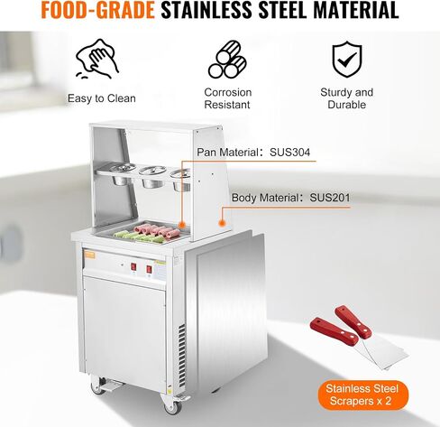 VEVOR Fried Ice Cream Roll Machine, 13.8" x 13.8" Square Stir-Fried Ice Cream Pan, Stainless Steel Commercial Rolled Ice Cream Maker with Compressor and 2 Scrapers, for Making Ice Cream, Frozen Yogurt in Saudi Arabia