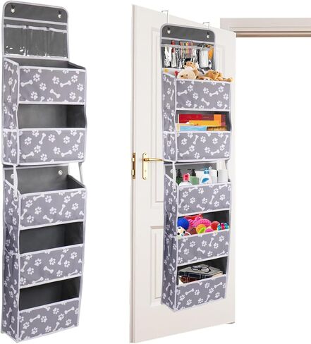 Dog Toy Basket 1 pack,5-Shelf Hanging Organizer for Dog Toys,Over Door Basket for Dogs with 2 Metal Hooks,5 Pockets Organizer for Dog Leash Harness Toys Treats-62.5''(height)-Bone Claw Print in Kuwait