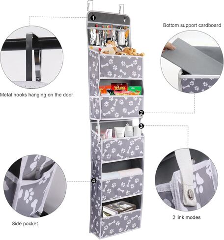 Dog Toy Basket 1 pack,5-Shelf Hanging Organizer for Dog Toys,Over Door Basket for Dogs with 2 Metal Hooks,5 Pockets Organizer for Dog Leash Harness Toys Treats-62.5''(height)-Bone Claw Print in Kuwait