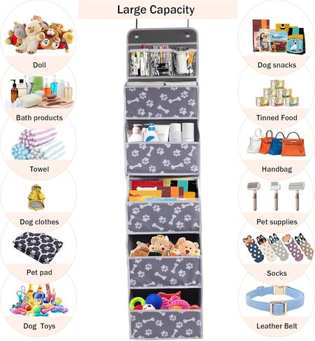 Dog Toy Basket 1 pack,5-Shelf Hanging Organizer for Dog Toys,Over Door Basket for Dogs with 2 Metal Hooks,5 Pockets Organizer for Dog Leash Harness Toys Treats-62.5''(height)-Bone Claw Print in Kuwait