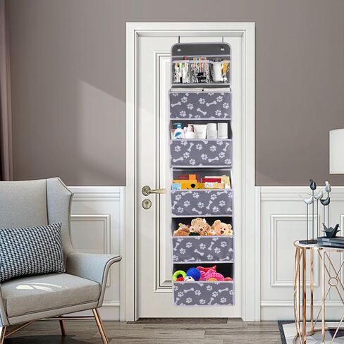 Dog Toy Basket 1 pack,5-Shelf Hanging Organizer for Dog Toys,Over Door Basket for Dogs with 2 Metal Hooks,5 Pockets Organizer for Dog Leash Harness Toys Treats-62.5''(height)-Bone Claw Print in Kuwait