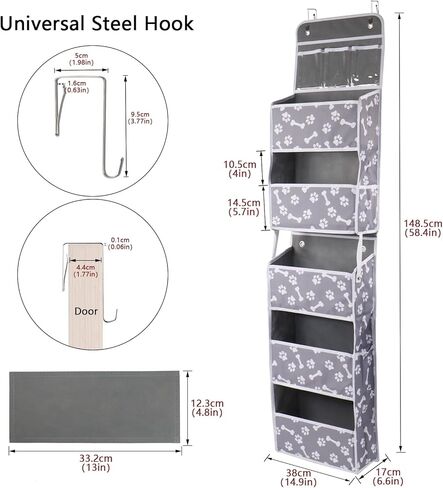 Dog Toy Basket 1 pack,5-Shelf Hanging Organizer for Dog Toys,Over Door Basket for Dogs with 2 Metal Hooks,5 Pockets Organizer for Dog Leash Harness Toys Treats-62.5''(height)-Bone Claw Print in Kuwait