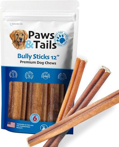 PAWS&TAILS All Natural Premium Bully Sticks for Dogs – Premium Odor-Free Beef Chews, High-Protein, Fully Digestible Dental Treats, Packaged in USA, Suitable for All Breeds. (6 Inch, 10 Sticks) in Saudi Arabia