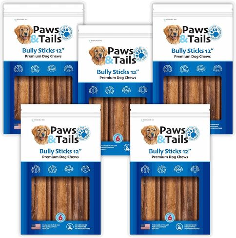 PAWS&TAILS All Natural Premium Bully Sticks for Dogs – Premium Odor-Free Beef Chews, High-Protein, Fully Digestible Dental Treats, Packaged in USA, Suitable for All Breeds. (6 Inch, 10 Sticks) in Saudi Arabia