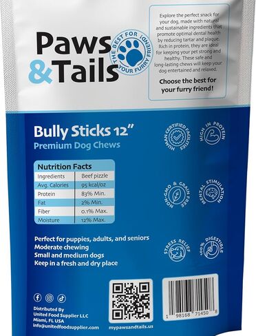 PAWS&TAILS All Natural Premium Bully Sticks for Dogs – Premium Odor-Free Beef Chews, High-Protein, Fully Digestible Dental Treats, Packaged in USA, Suitable for All Breeds. (6 Inch, 10 Sticks) in Saudi Arabia