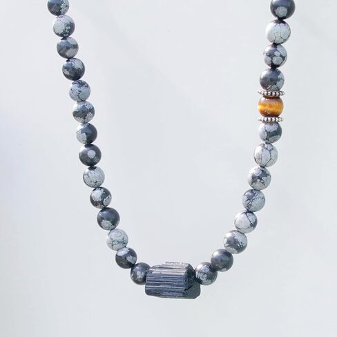 Natural Gemstone Crystal Tourmaline Necklace, Black Tourmaline Snowflake Obsidian Tiger Eye Bead Necklace, Chakra Healing Protection Pendant Birthday Fathers Day Gift for Men in Kuwait