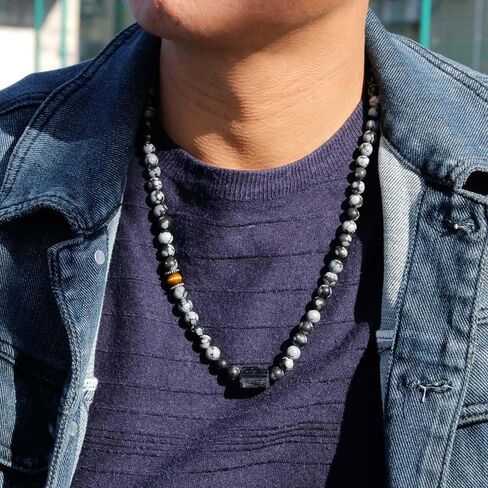 Natural Gemstone Crystal Tourmaline Necklace, Black Tourmaline Snowflake Obsidian Tiger Eye Bead Necklace, Chakra Healing Protection Pendant Birthday Fathers Day Gift for Men in Kuwait