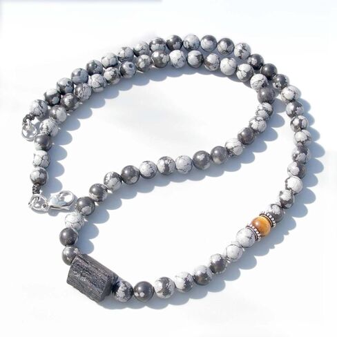 Natural Gemstone Crystal Tourmaline Necklace, Black Tourmaline Snowflake Obsidian Tiger Eye Bead Necklace, Chakra Healing Protection Pendant Birthday Fathers Day Gift for Men in Kuwait