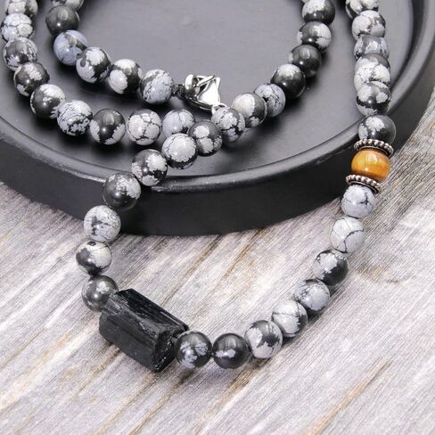Natural Gemstone Crystal Tourmaline Necklace, Black Tourmaline Snowflake Obsidian Tiger Eye Bead Necklace, Chakra Healing Protection Pendant Birthday Fathers Day Gift for Men in Kuwait