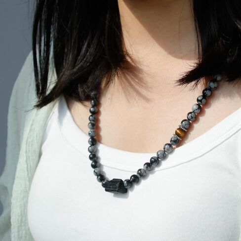 Natural Gemstone Crystal Tourmaline Necklace, Black Tourmaline Snowflake Obsidian Tiger Eye Bead Necklace, Chakra Healing Protection Pendant Birthday Fathers Day Gift for Men in Kuwait
