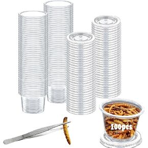 Small Reptile Food Plastic Replacement Cup Worm Water Dish Feeder Lizard Gecko Ceramic Pet Bowls with Tongs for Tortoise Lizard Bearded Dragon Frog Leopard Gecko Snake Chameleon(1 oz, 100PCS)