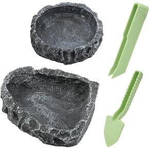 Reptile Bowls, 2 Pcs Reptile Feeding Dish with Clamp & Shovel, Resin Rock Reptile Water & Food Bowls, Amphibian Reptile Feeding Terrarium Bowls for Gecko Lizard Spider Scorpion Chameleon