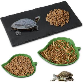 Reptile Basking Platform 11.8 x 5.9 Inch Rock Reptile Food Bowl Plate with 2 Sizes Leaf Reptile Food Water Bowl Feeding Dish Habitat Decor for Tortoise Corn Snake Lizard Bearded Dragon Pet