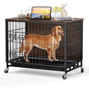Dog Crate Furniture, 32.5 Inch Wooden Heavy-Duty Dog Kennel with Pull-Out Tray & Removable Wheels, Modern Double-Doors Dog House, Side End Table for Medium Dog, Rustic Brown