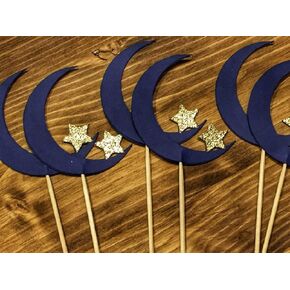 Navy Moon and Gold Glitter Star Cupcake Toppers Twinkle Little Star Theme - Premium Handcrafted - (Set of 12)