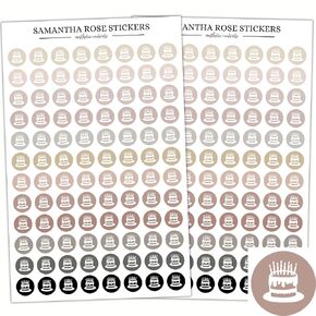 Neutral Birthday Cake Circle Stickers, Aesthetic Happy Birthday Planner Stickers, Approx. 0.4" x 0.4" Sticker Size, Two Sticker Sheets each 4.5 x 7.25" in Size, 192 Icon Stickers