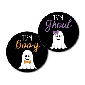 36 2.5 inch Ghost Team Ghoul or Boo-y Gender Reveal Party Stickers - Halloween Baby Shower - Purple and Orange