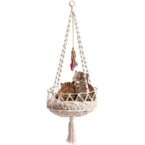 سرير أرجوحة للحيوانات الأليفة معلق من Macrame، سرير أرجوحة للكلاب مقاس XXL 50 سم مصنوع يدويًا لتوفير المساحة مع نافذة مع لعبة قطط مضحكة للقطط والكلاب الصغيرة (الحصيرة غير متضمنة)
