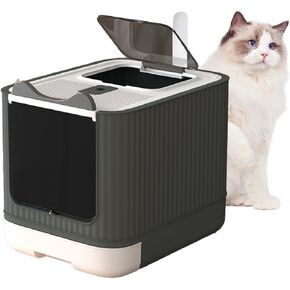 Fully Enclosed Cat Litter Box Top Entry, Upgraded Covered Litter Box with Lid, Anti-Splashing Easy to Clean Covered Kitty Litter Box, 3 Modes Cat can Use from Kitten to Adult(White&Grey)
