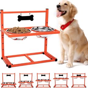 Orange Elevated Dog Bowls for Large and Medium Dogs, 5 Adjustable Height Metal Dog Bowl Elevated, Raised Dog Bowl Stand with 2 Stainless Steel Dog Food Bowls, Capacity 1200ml,Orange