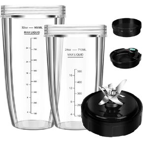 Blender Replacement Parts for Ninja, 32oz & 24oz Ninja Blender Cups Replacement with To-Go Lids & 7-Fins Extractor Blade for Nutri Ninja SS401 SS351 SS350 SS300 SS151 SS150 SS101 SS100 CO351B SS401