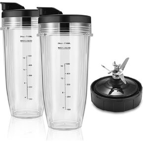 Blender Replacement Parts for Ninja, 24oz Ninja Blender Cups with To-Go Lids, 7 Fins Extractor Blade, Compatible with Nutri Ninja Auto iQ Blenders BL2012, BL2013, BL450, BL480, BL640, BL680, NN100