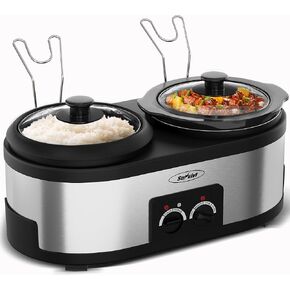 Sunvivi 2 in 1 Slow Cooker and Rice Cooker, Slow Cooker with 1.5 QT Ceramic Pot & 3 Temps, Rice Cooker with 3- Cup Non-Stick Aluminum Pot & Indicator Lights, Dual Control Knob, Stainless Steel