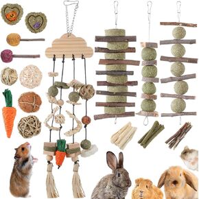 27 Pcs Small Animal Chew Toys Set, Bunny Cage Hanging Toys Natural Timothy Hay, Hamster Chew Treats and Balls Kit, Molar Toys for Guinea Pig Chinchilla Small Pets' Teeth Care in Saudi Arabia