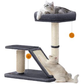 Feandrea Cat Scratching Post with Bed, Multifunctional Cat Scratcher with Perch, Rotatable Ramp, Self-Groomer, Pompoms, Small Cat Tree for Indoor Cats, Dark Gray UPCA024G02