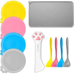 10Pcs Pet Food Can Supplies Multi-function Can Opener 4 Pcs Set Silicone Pet Food Can Covers Cat Can Lids and Dog Spoons, Pet Food Mat Silicone Dog Bowl Mat for Pets Dogs Cats Feeding Can