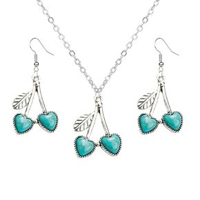 Handmade Turquoise Western Necklace Earring Set for Women Girls Boho Oval Flower Cross Earrings Bohemian Vintage Statement Pendant Necklace Western Cowgirl Turquoise Jewelry (Cherry)