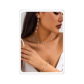 Pearl Necklace and Earring Set Dainty Prom Pearl Silver Necklaces Pearl Earrings Dangling Pearl Bracelet for Women Tiny Pearl Jewelry Set Summer Dresses Gift for Wedding Bridal Bridesmaid (Silver)