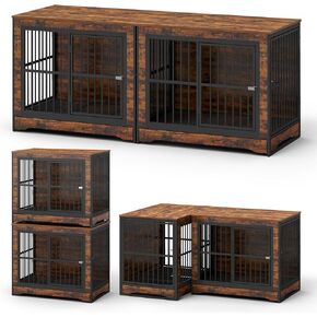 Double Dog Crate Furniture for 2 Dogs with Divider 66.1 Inch Grey Durable Multifunctional Dog Kennel TV Stand with 2 Drawers and Sliding Doors