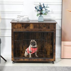 31.7" Wooden Dog Crate with 2 Drawers Storage, Indoor Pet Crate End Table for Small Dog, Steel-Tube Dog Cage, Chew-Proof, Grey in Saudi Arabia