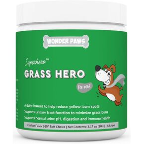 Grass Hero, Grass Burn Spot Chews – Neutralizes Urine to Prevent Yellow Lawn Spots – Dog Pee Lawn Saver, Spot Treatment & Urinary Health – Cranberry & Methionine – 60 Soft Chews