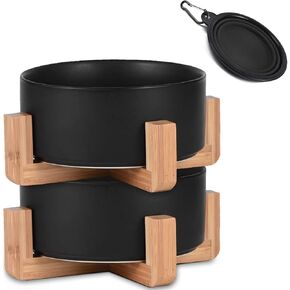 Petygooing Ceramic Dog Cat Bowl Dish with Stand for Food and Water Feeder, Modern Cute Heavy Weighted Pet Bowls Set for Cats & Small Size Dogs 13.5 OZ (5.1In / 1.7 Cups) Black Dot