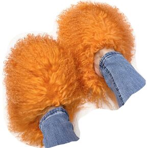 MSS1 Real Mongolian Sheep Fur Slippers Closed Toe For Women Girls Furry Big Fluffy Outdoor Beach Flat Luxury Slides Sliders With Tibetan Fur Long Curly Hair (9, Pink)