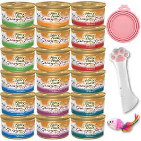 Fancy Feast Wet Cat Food Gravy, Grain Free Chicken Hearts & livers, Turkey, Beef and Seafood Variety Bundle (Pack of 18) 3oz. Cans & 1 Exclusive kit (1x can Sealer, 1x can Opener, 1x Mouse Toy)